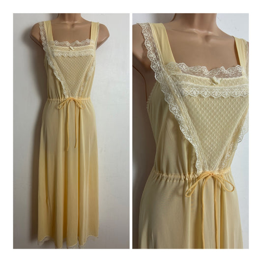 Vintage 1960s Size 12 Butterscotch Yellow Lace Trim Draw Tie Nightie Nylon Nightdress