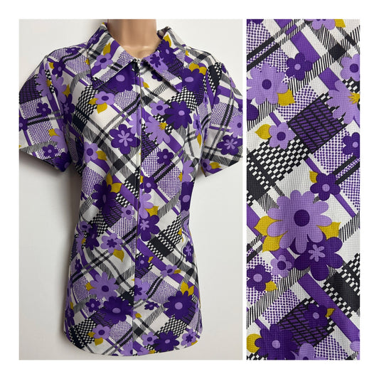 Vintage Late 1960s BARBARELLA Size 12-14 Purple White & Black Check & Floral Print Zip Front Short Sleeve Shirt