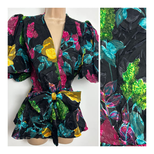 Vintage Extreme 1980s GINA BACCONI Size 12 Black Multicolour Floral Puffball Sleeves Peplum Wrap Top