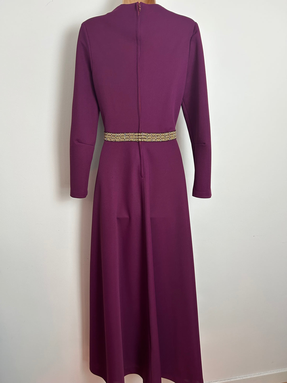 Vintage 1970s LEYGIL Size 8 Plum Purple Key Hole Choker Neck Gold Braid Trim Detail Occasion Maxi Dress