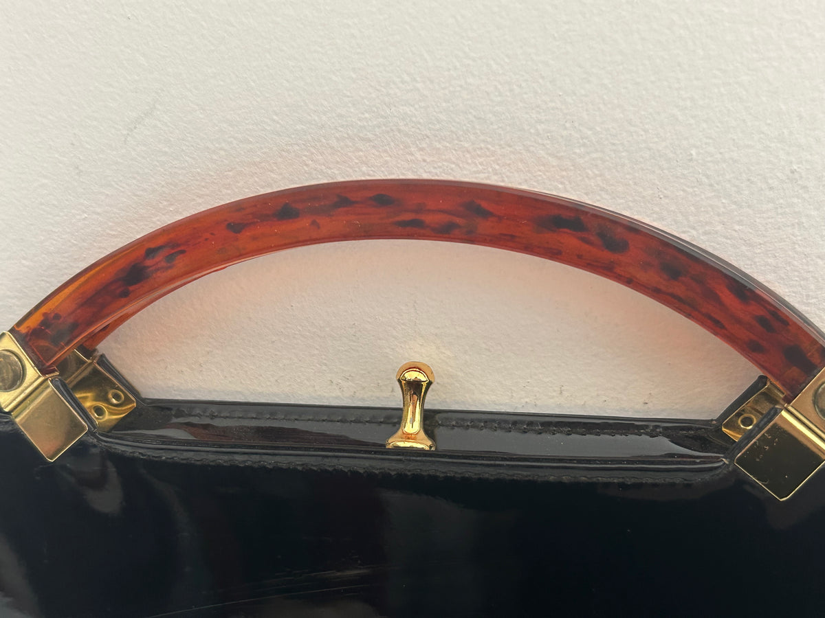 Vintage 1960s ESSELL Fabulous Black Patent Tortoiseshell Handles rectangular Handbag