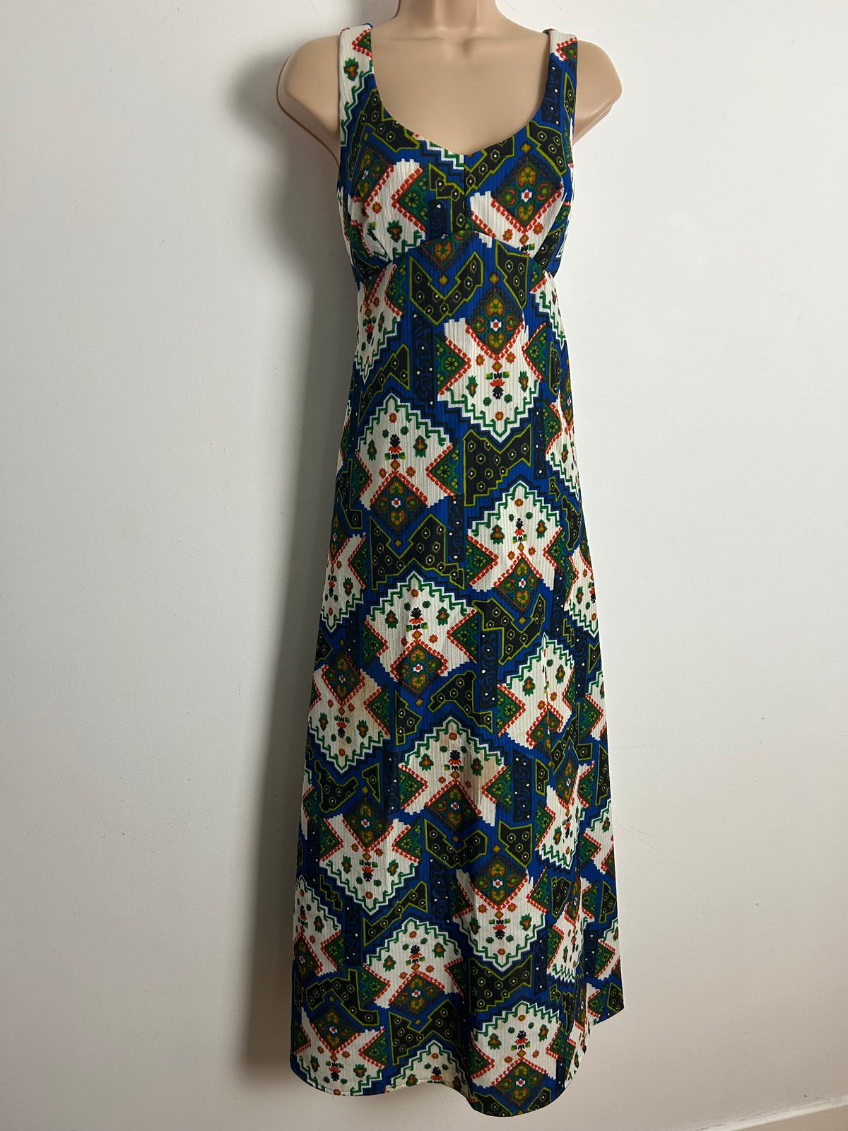 Vintage 1970s Size 10-12 Blue Green Red & White Abstract Print Maxi Dress