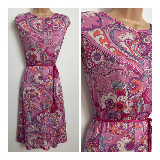 Vintage 1960s Size 10 Pink Tones Psychedelic Floral Print Belted Mod Day Dress