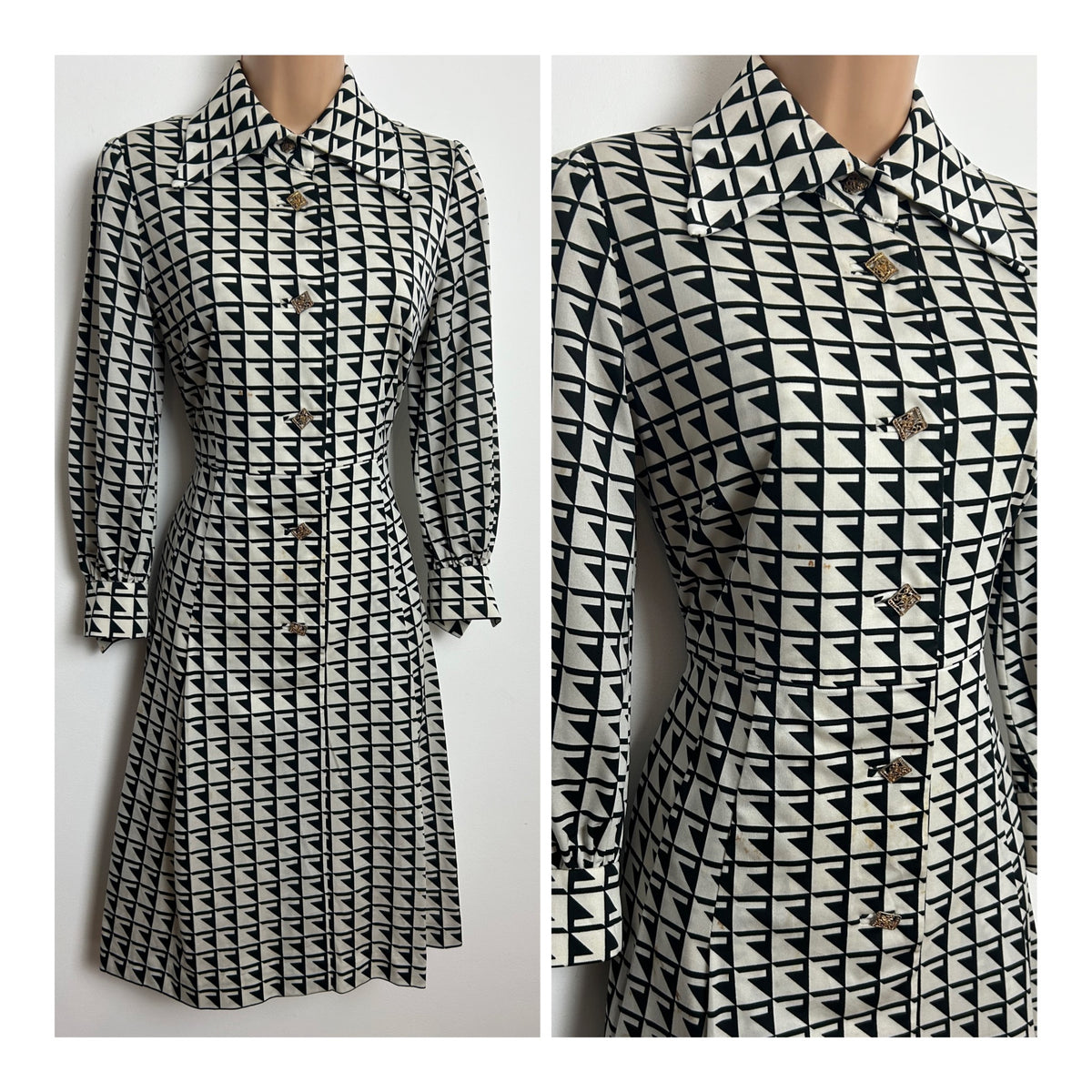Vintage 1970s FASHION LADY Size 10 White & Black Geo Check Print Long Sleeve Day Dress