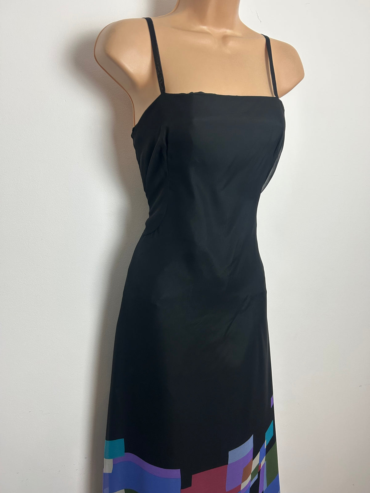 Vintage Late 1970s HOFFMANN Size 10 Black & Multi Colour Abstract Print Strappy Chiffon Maxi Dress