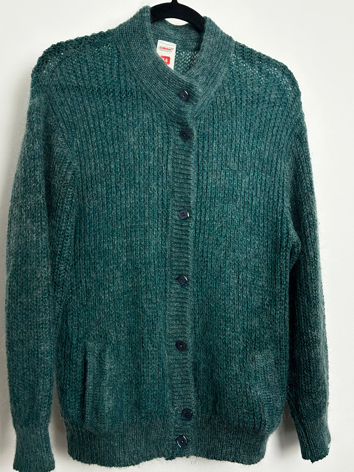 Vintage 1980s ST MICHAEL Size 14 Teal Mohair & Wool Mix Cardigan