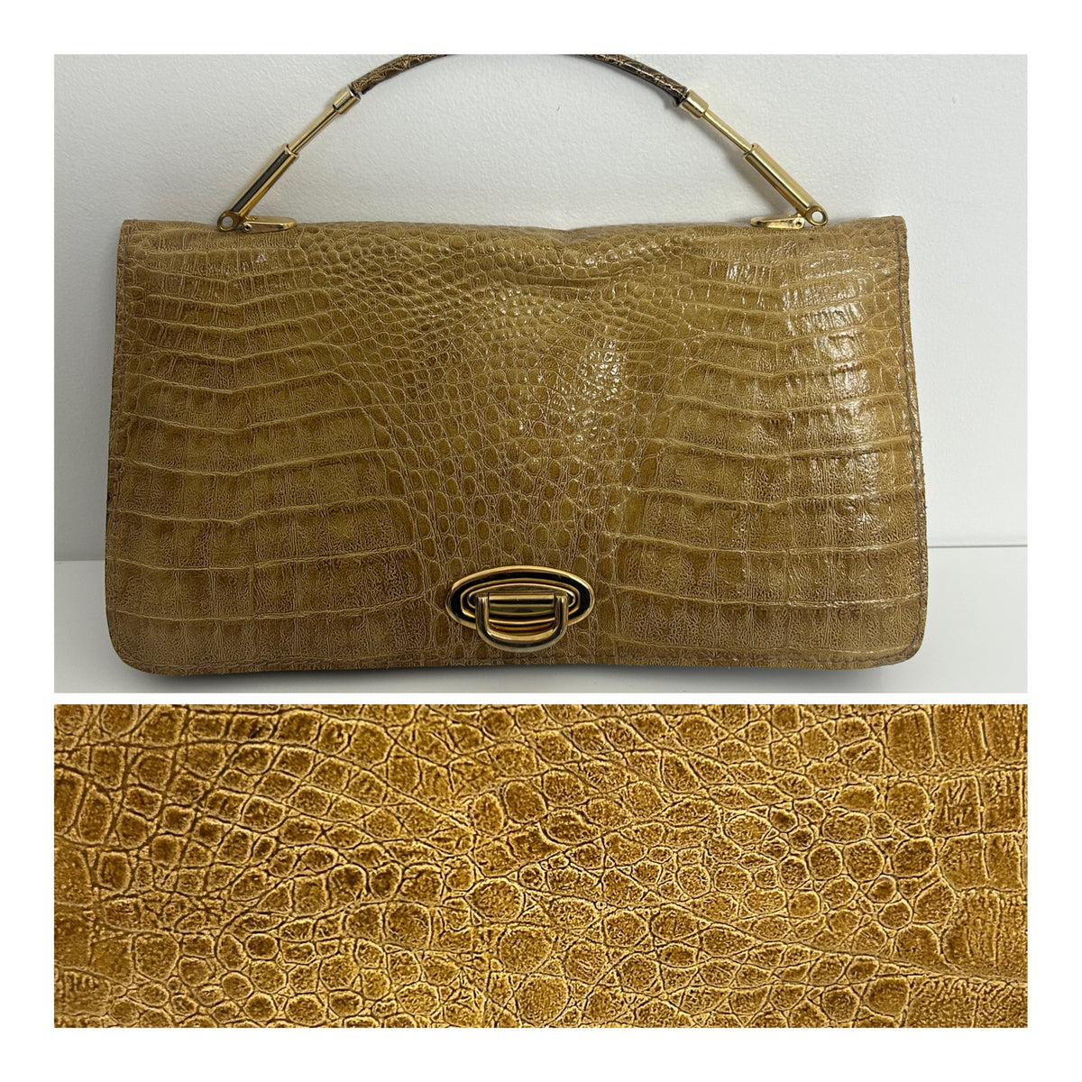 Vintage 1970s Camel Colour Reptile Mock Croc Grab Handle Handbag