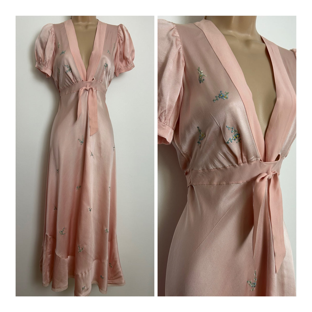 Vintage 1930s/1940s EXQUISITE Size 8 Pale Pink Silk Embroidered Nightdress