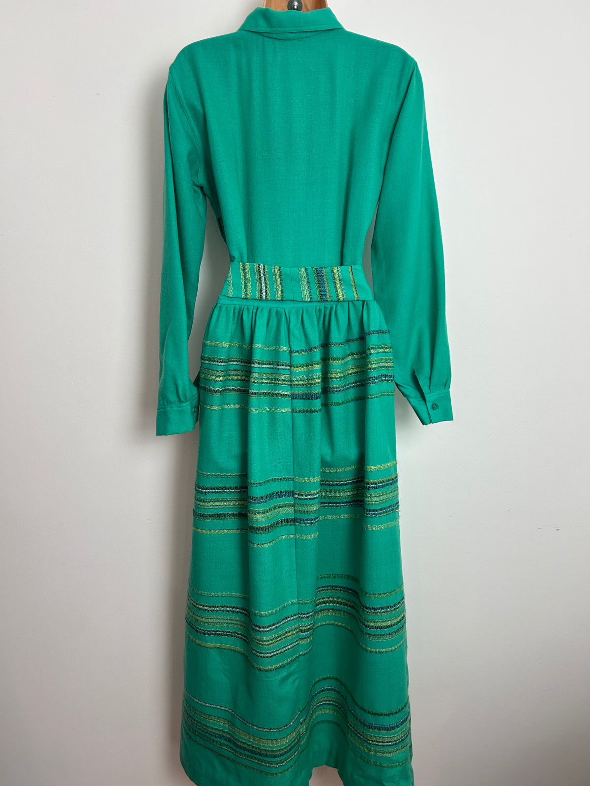Vintage Late 1960s RARE JOHN HAGARTY Size 10/12 Jade Green Handwoven Irish Tweed Pure New Wool Maxi Dress