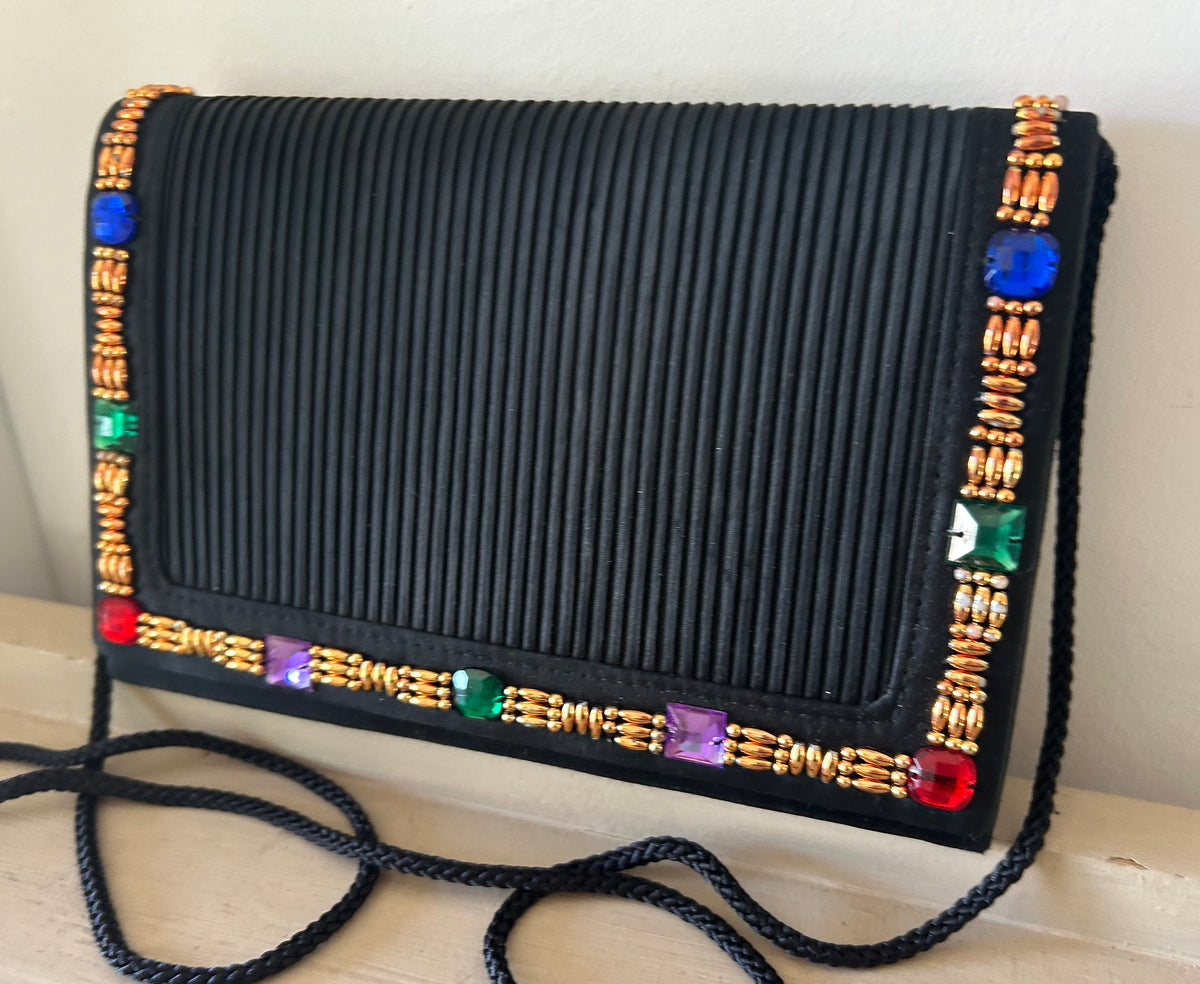 Vintage 1980s JANE SHILTON Black Pleated Gold & Jewel Colour Bead Embellished Evening Bag