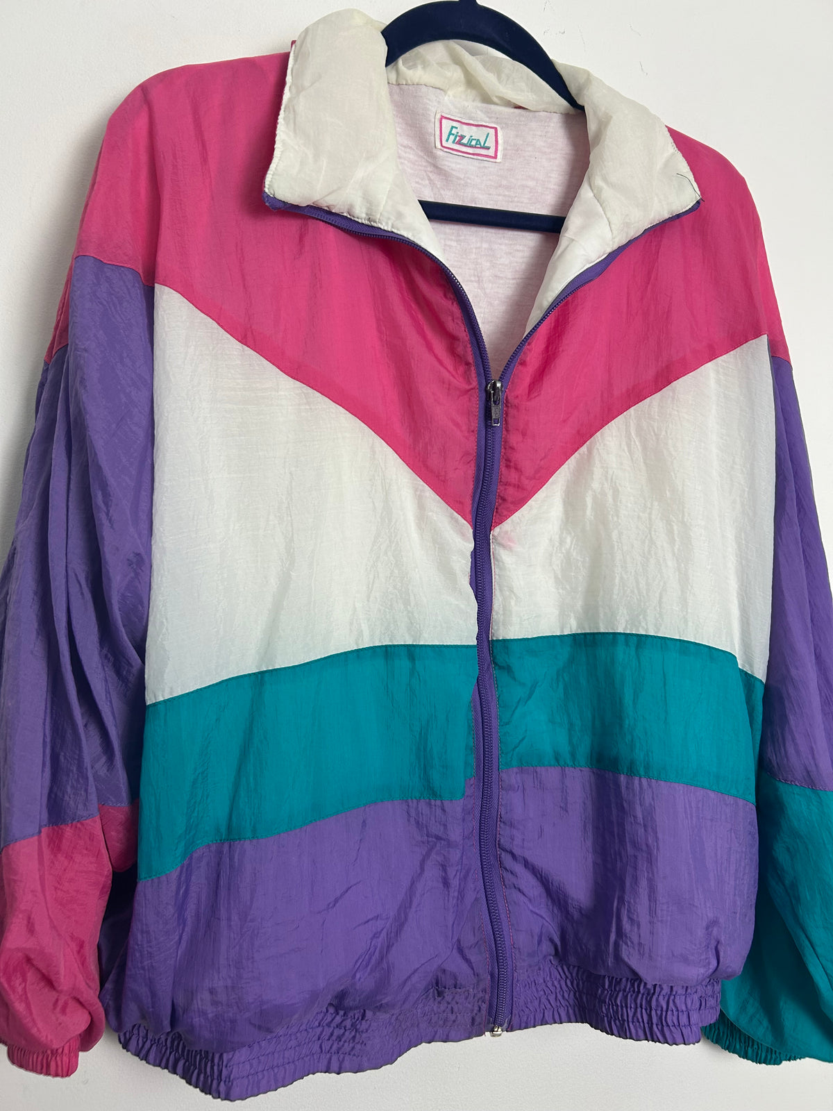 Vintage 1980s FIZZICAL Upto Size 14 Pink White Teal & Purple Shell Suit Jacket