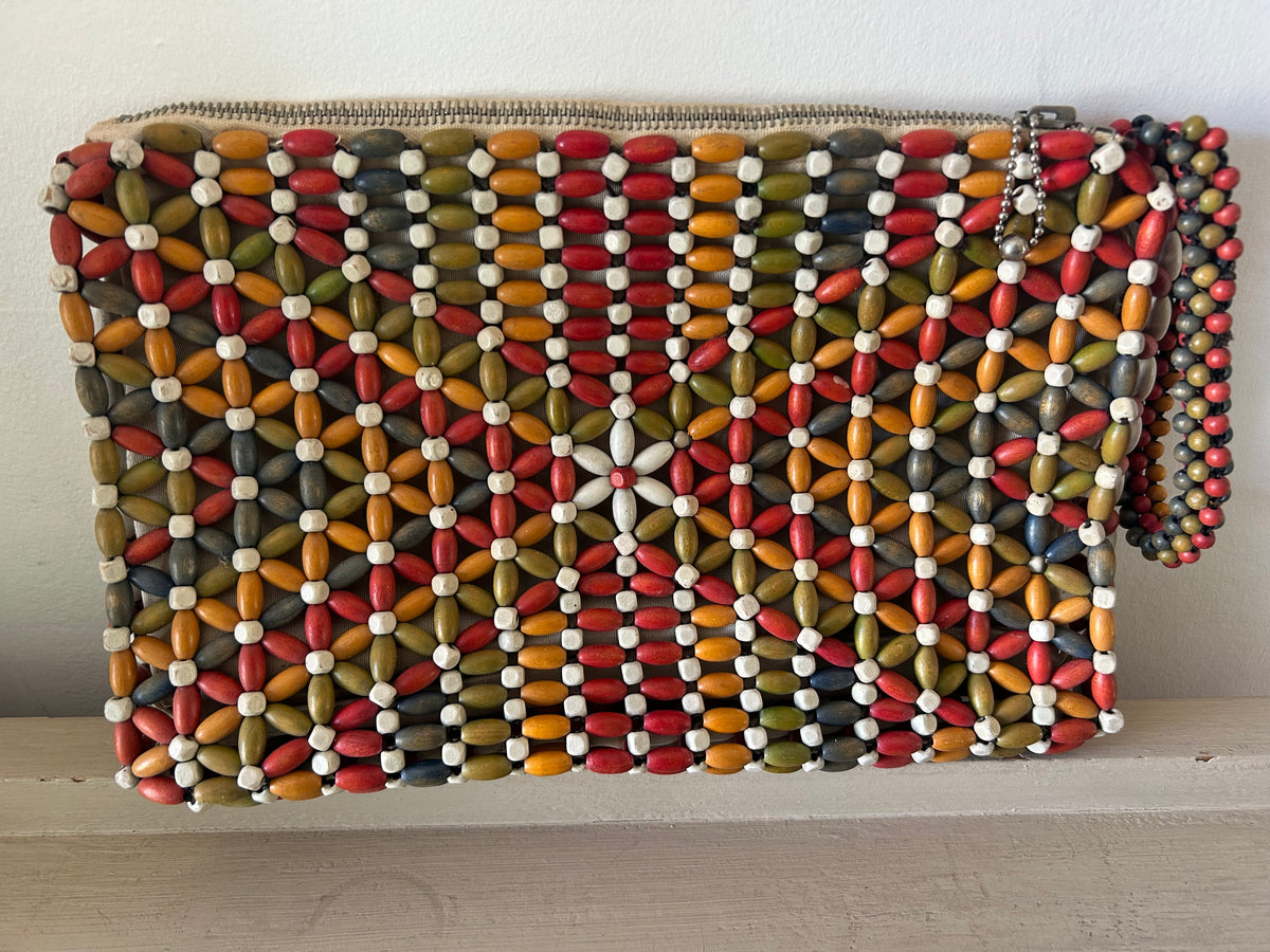 Vintage 1930s Art Deco Made In Czechoslovakia Multicolour Wooden Bead Bag With Wrist Strap