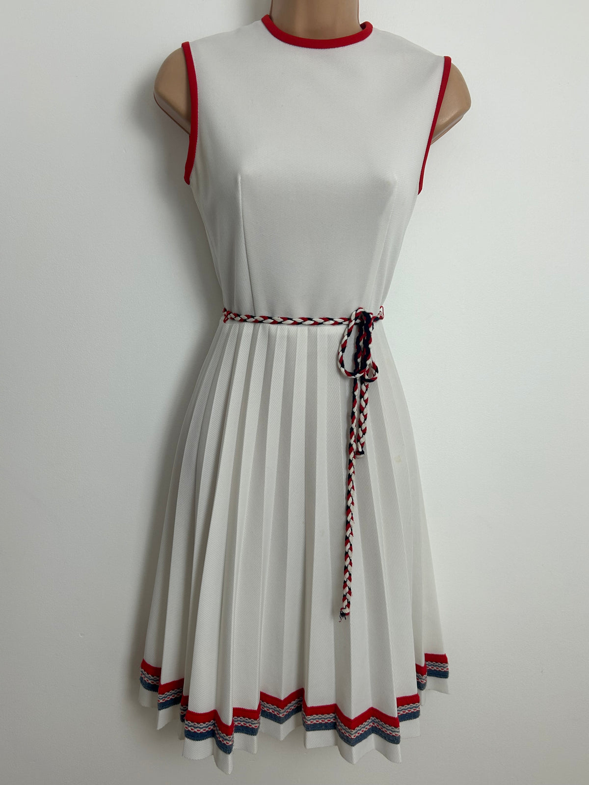 Vintage Early 1970s Size 6 White Red & Blue Stripe Braid Embellished Belted Pleated Summer Mod Dress