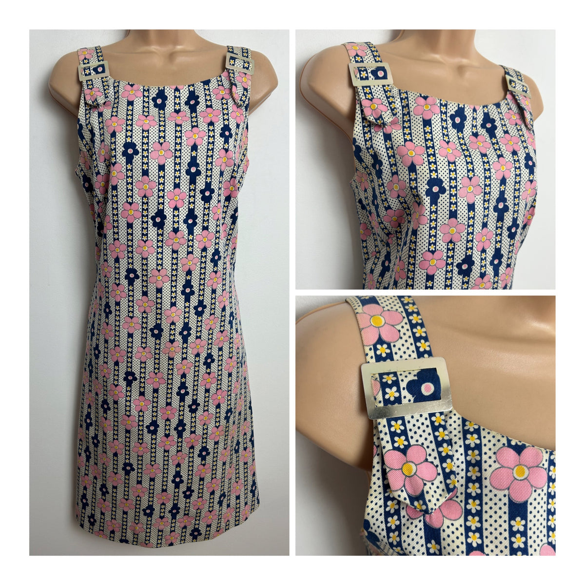 Vintage 1960s Size 8 White Pink & Navy Blue Daisy Stripe & Polka Dot Print Cotton Mod Shift Dress
