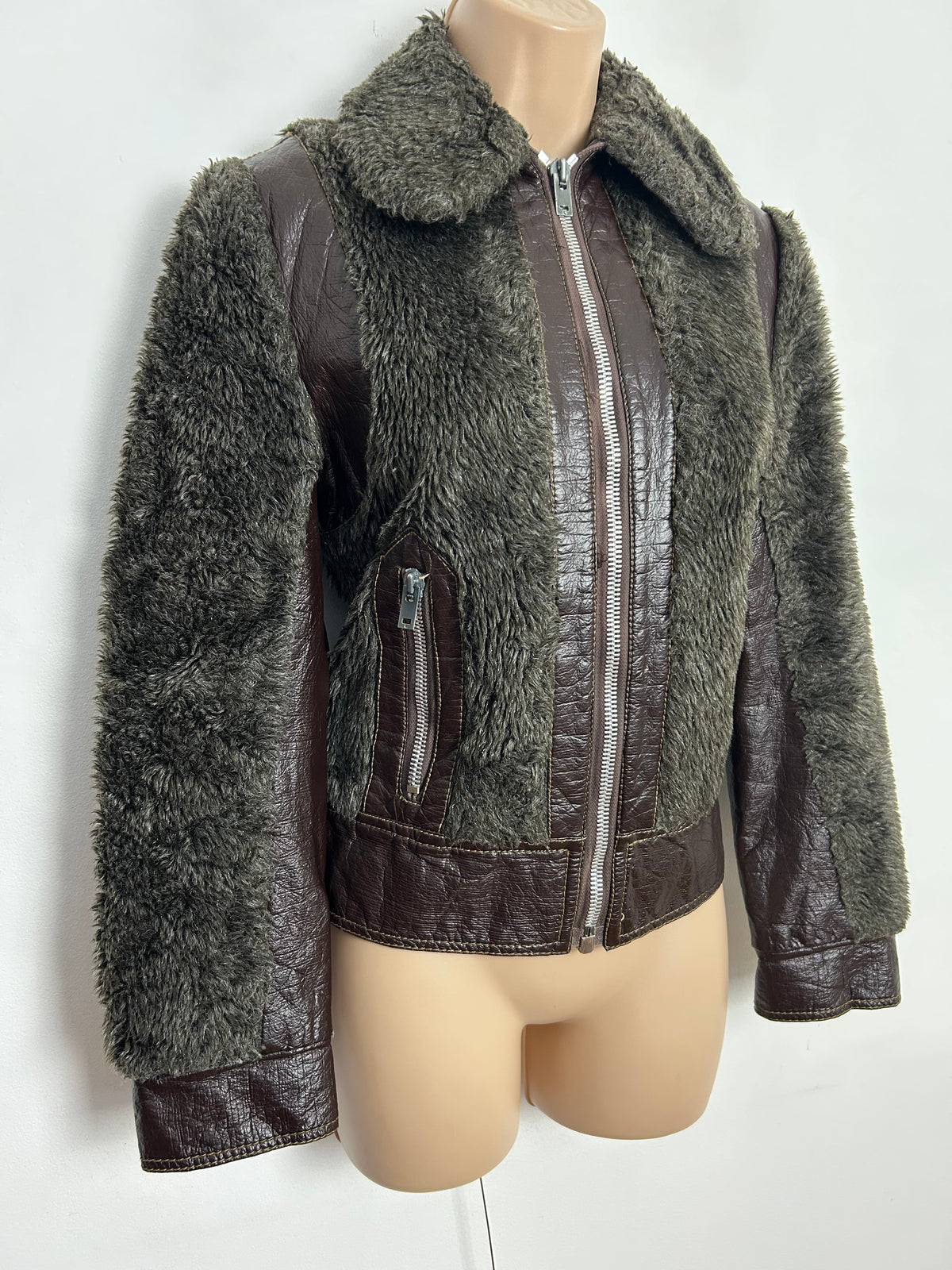 Vintage 1980s UK Size 10 Brown & Dark Grey Faux Fur & Faux Leather Bomber Style Jacket