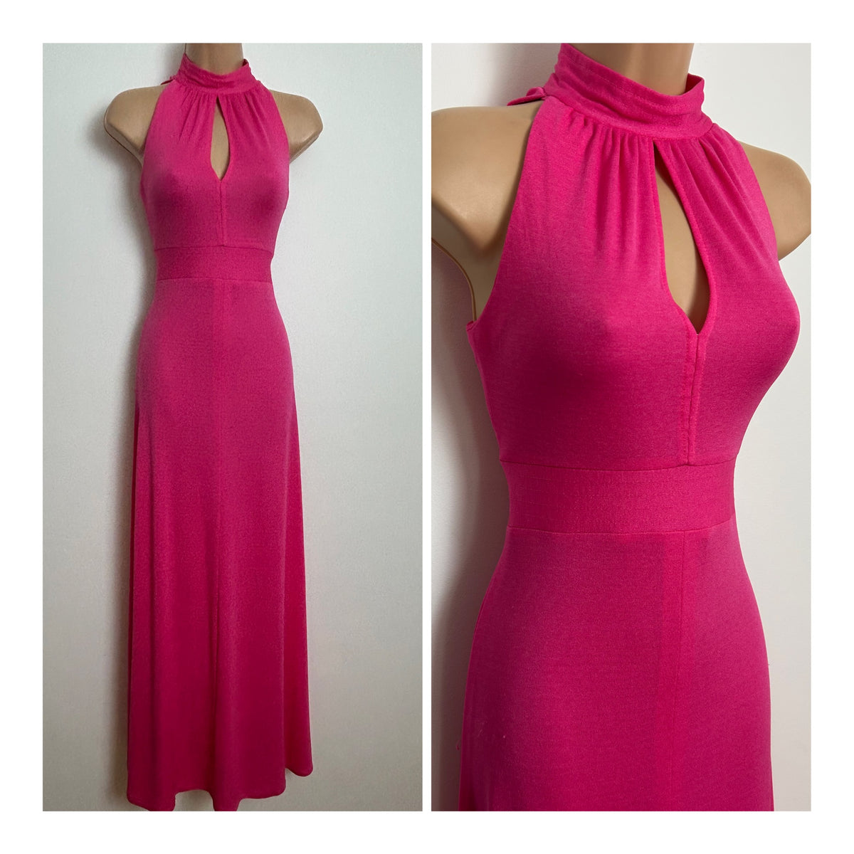 Vintage 1970s Size 6 Candy Pink Keyhole Cut Out Sleeveless Maxi Dress