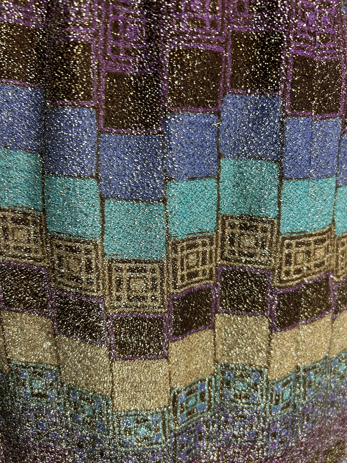 Vintage 1970s Size 12 Blue Beige & Plum Purple Geo Print Lurex Belted Occasion Maxi Dress
