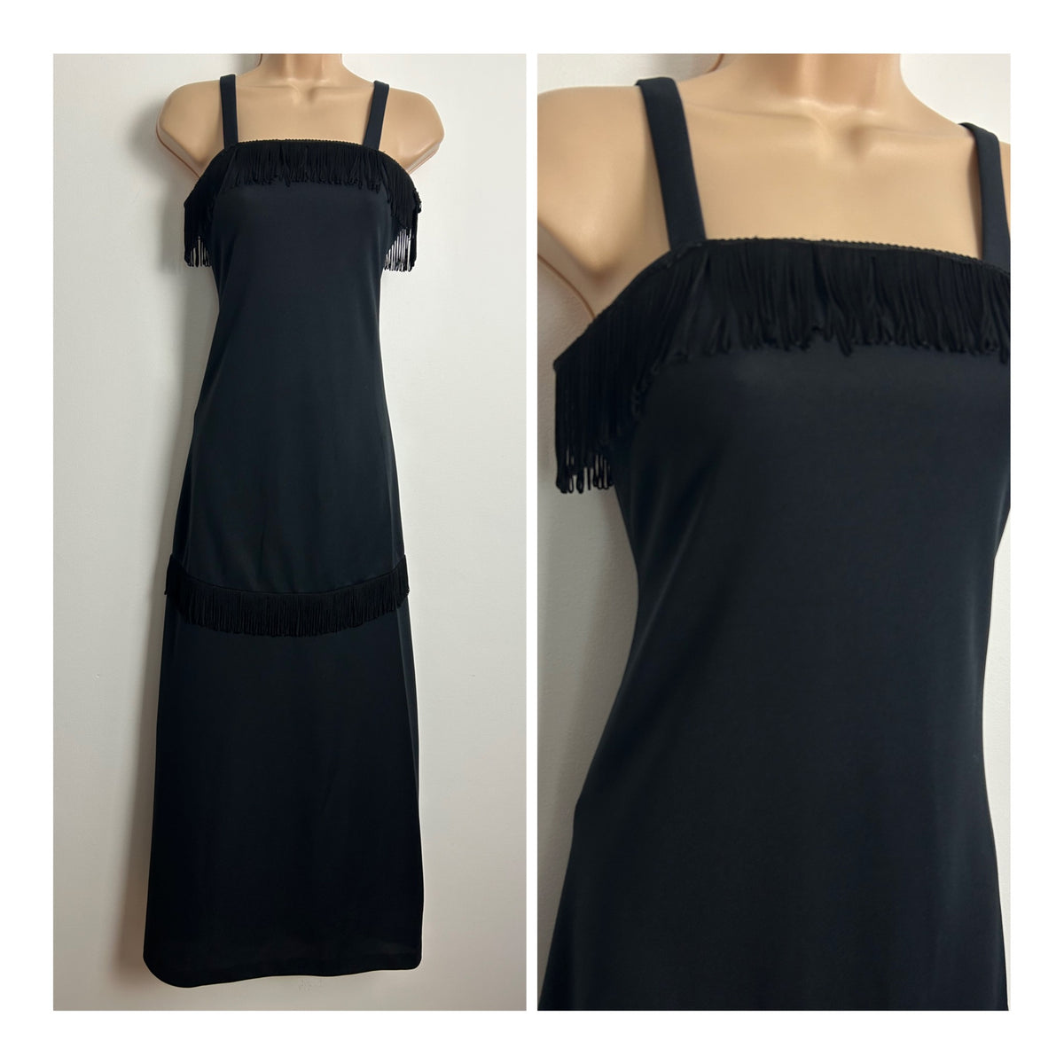 Vintage 1970s C&A Size 6 Black Fringing Detail Strappy Evening Maxi Dress