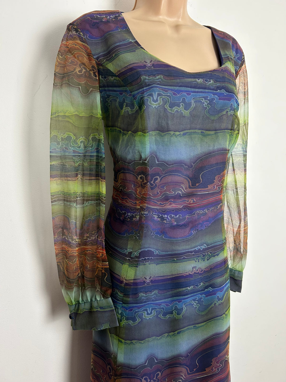 Vintage 1970s LINDA LEIGH Size 12 Blue Purple & Green Abstract Print Chiffon Long Sleeve Maxi Dress