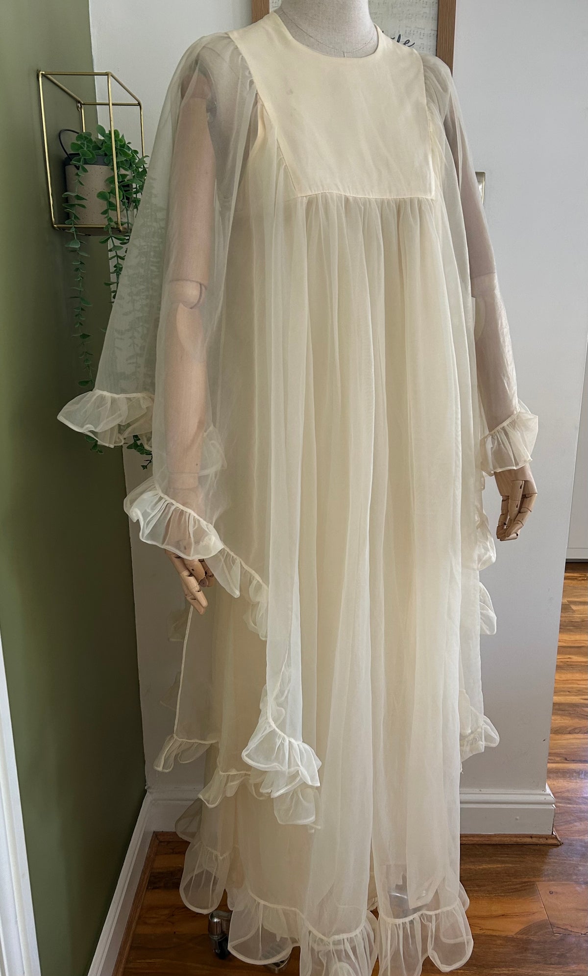 Vintage 1960s Size 10 Cream Nylon Double Layered Ruffle Trim Wide Floaty Sleeve Boho Maxi Dress
