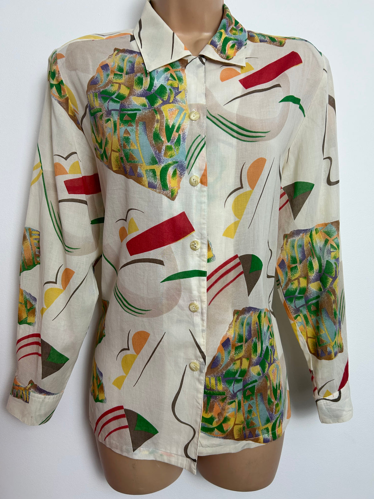 Japanese Vintage Early 1980s Size 14 Cream Red Green Yellow Abstract Print Cotton Long Sleeve Shirt