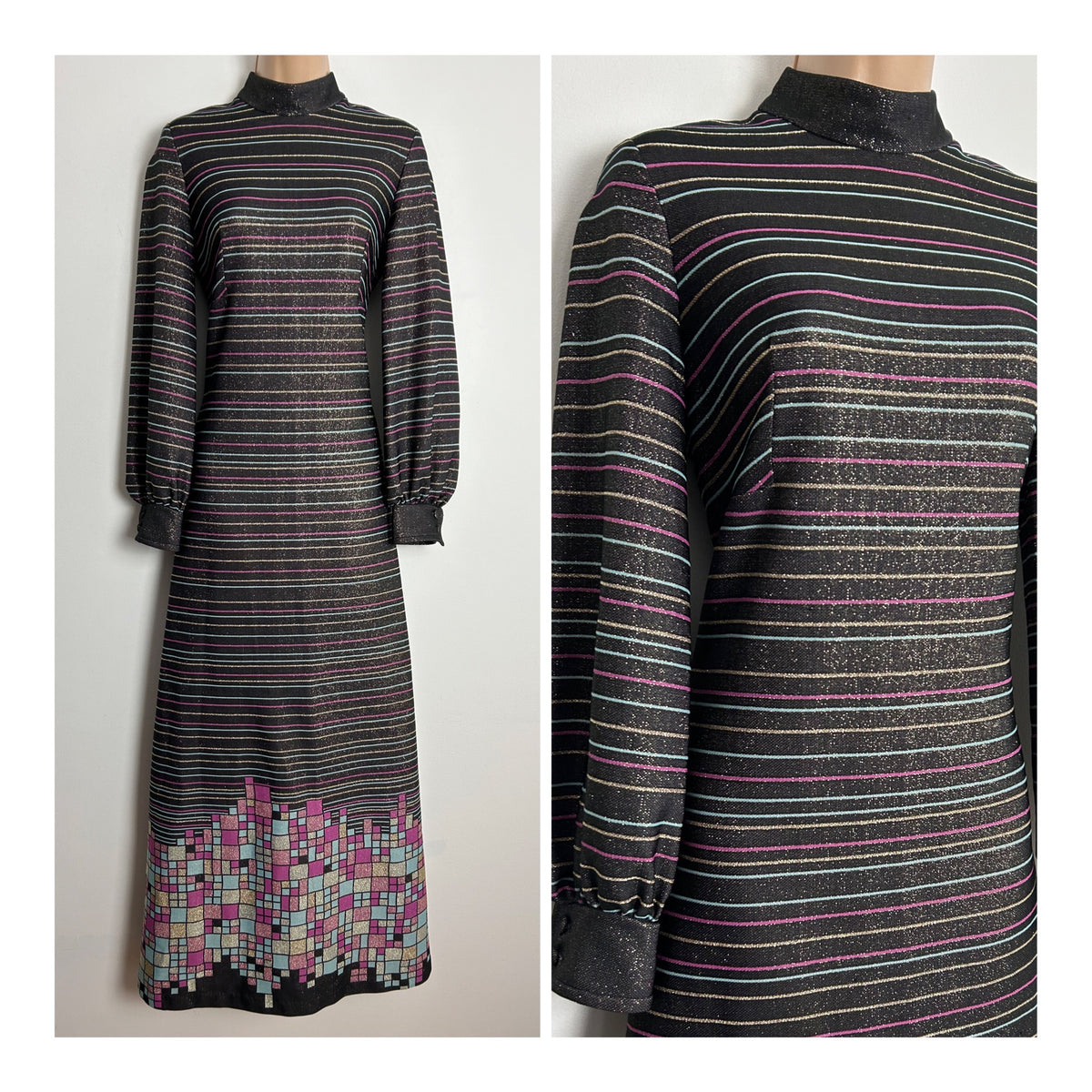 Vintage 1970s UK Size 12 Black Pink Blue Gold & Silver Stripe & Geo Print Lurex Long Sleeve Maxi Dress