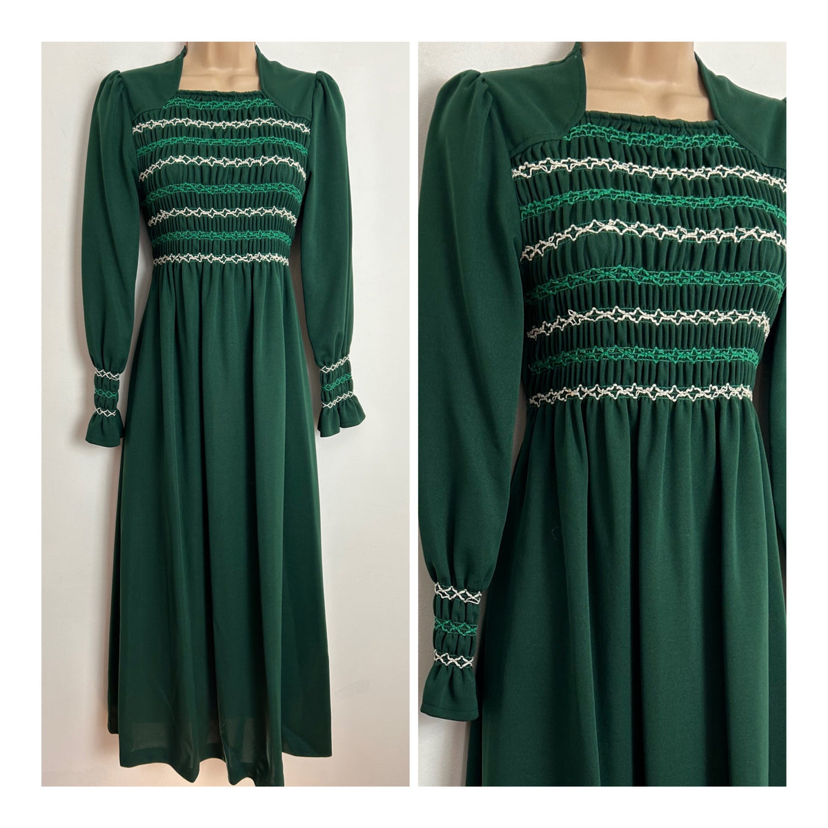 Vintage 1970s UK Size 8/10 Bottle Green Shirred Stretchy Bodice Long Sleeve Tie Back Boho Maxi Dress