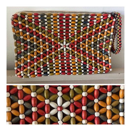 Vintage 1930s Art Deco Made In Czechoslovakia Multicolour Wooden Bead Bag With Wrist Strap