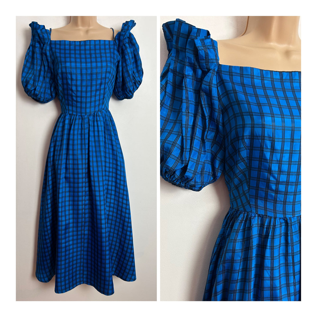 Vintage 1980s NICKI FERRARI UK Size 6 Blue & Black Check Print Pleated Shoulder Puff Sleeve Party Dress