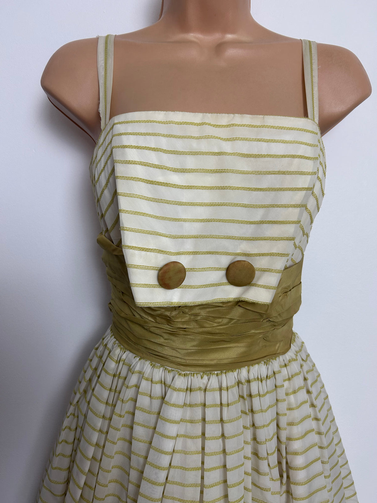 Vintage 1950s Size 4-6 White & Olive Green Stripe Print Ruched Waist Panel Party Prom Dress