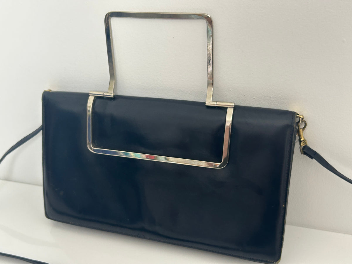 Vintage 1970s Very Dark Blue Leather Silver Handled Mod Clutch Or Shoulder Bag
