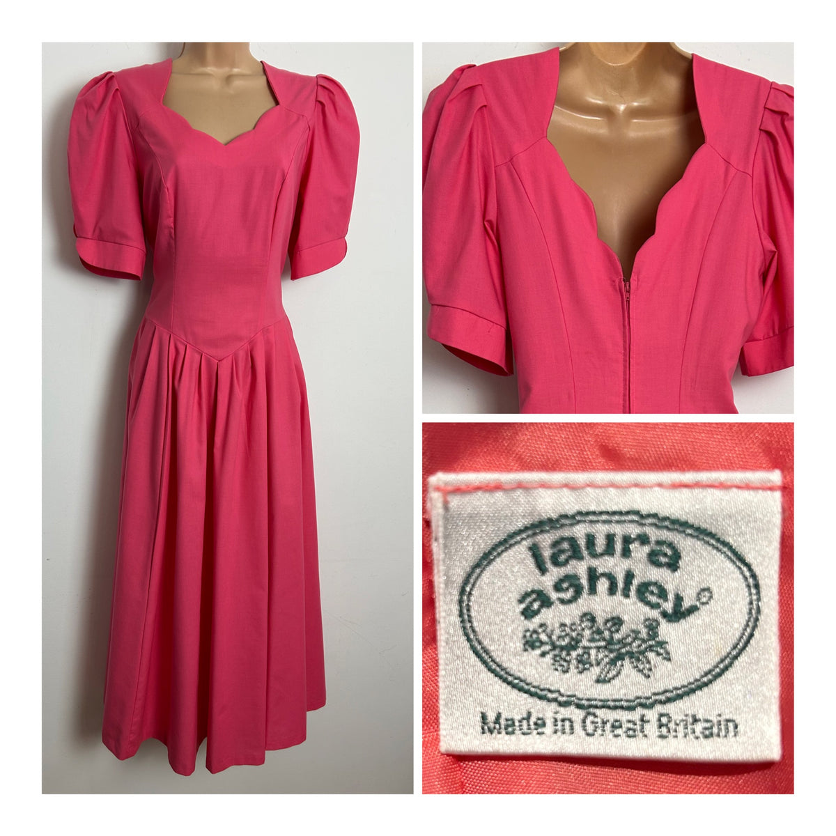 Vintage 1980s LAURA ASHLEY Size 10/12 (Size 14 On Label) Candy Pink 100% Cotton Scallop Neck Midi Dress