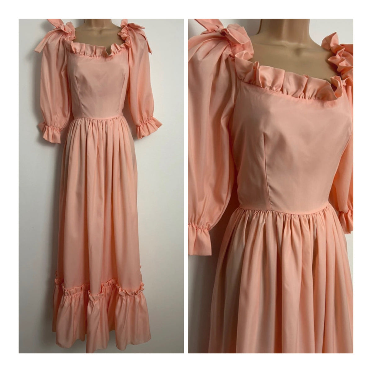 Vintage Late 1970s Size 6 Peach Bow Shoulder Detail Prairie Maxi Dress