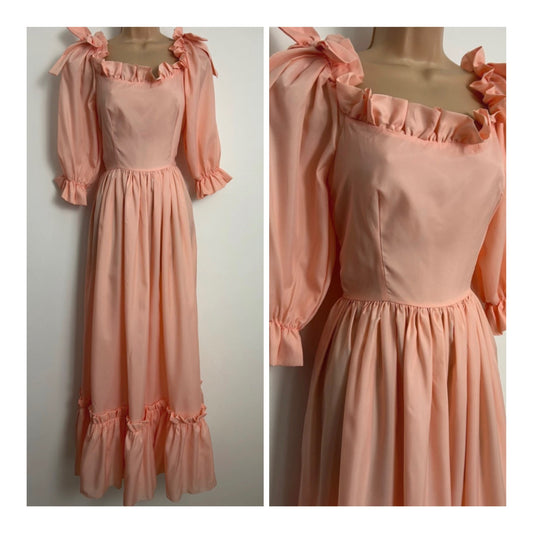 Vintage Late 1970s Size 6 Peach Bow Shoulder Detail Prairie Maxi Dress