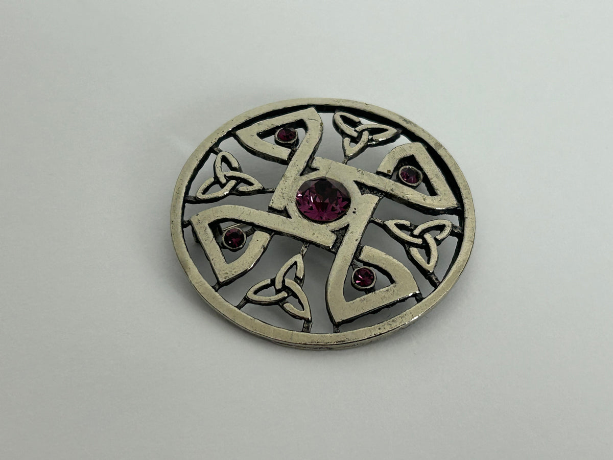Vintage Celtic Scottish Silver Celtic Knot Stamped Purple Stone Set Round Brooch