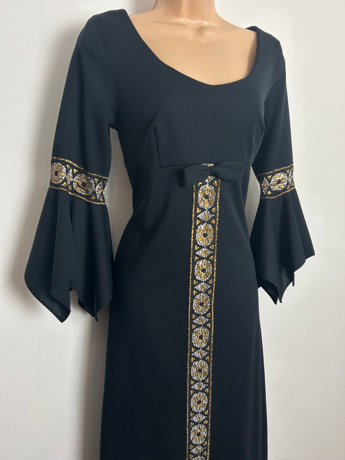 Vintage 1970s Size 8 Black & Metallic Gold & Silver Detail Flared Cuff Evening Maxi Dress