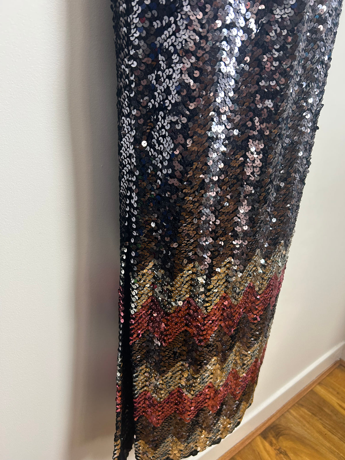 Vintage Late 1970s Up To Size 10 Black Silver Pink & Purple Sequin Strapless Evening Maxi Dress
