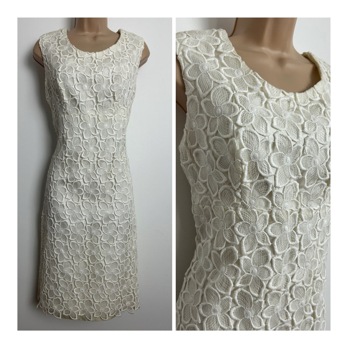 Vintage 1960s VERA MONT PARIS Size 10 White Embroidered Lace Fully Lined Occasion Mod Shift Dress