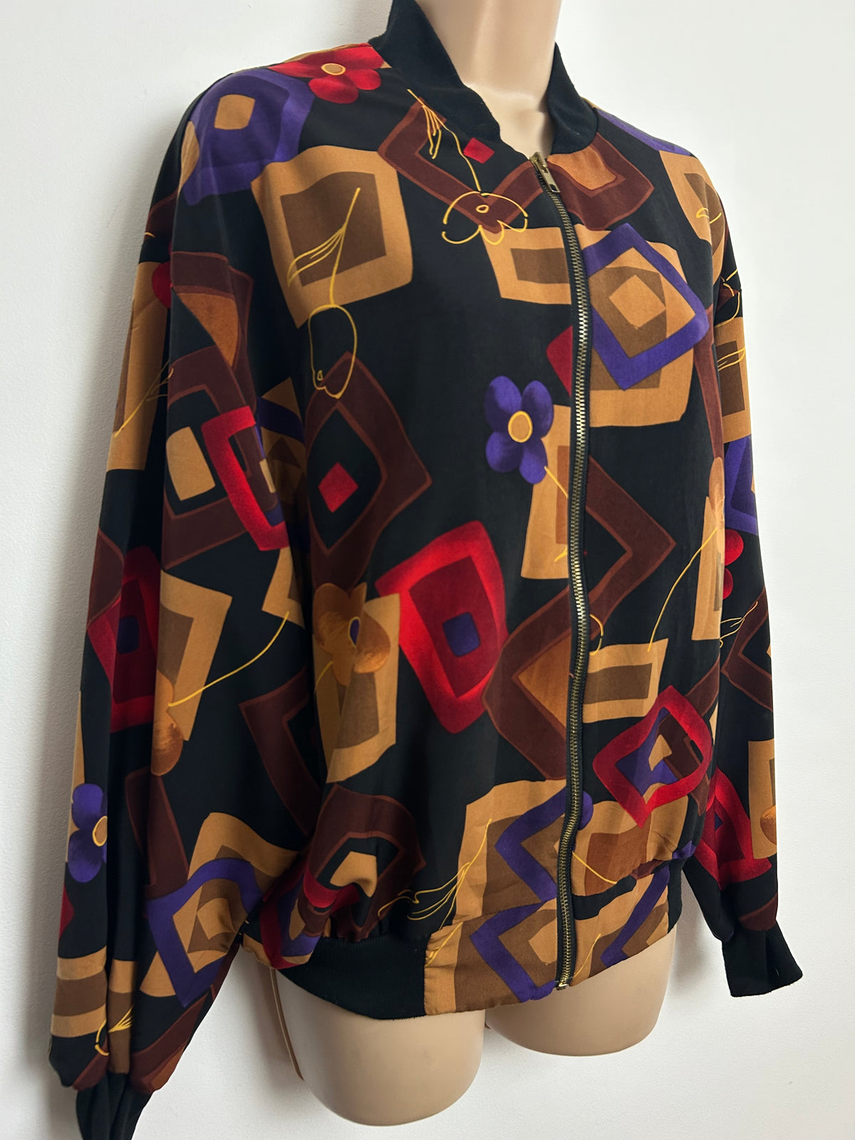 Vintage 1980s Size 12 Black Brown Red Purple Abstract Geo Print Bomber Jacket