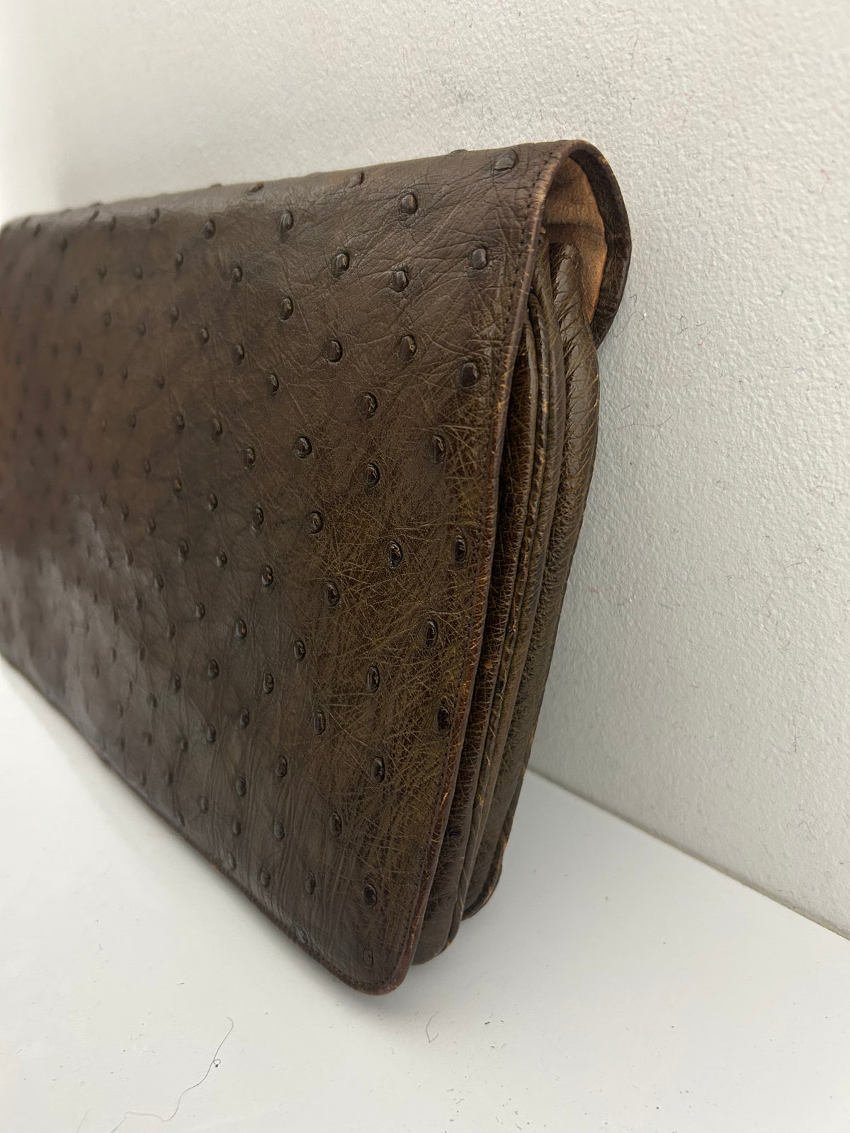 Vintage 1950’s Large Brown Ostrich Leather Clutch Bag With Hand Strap To The Back