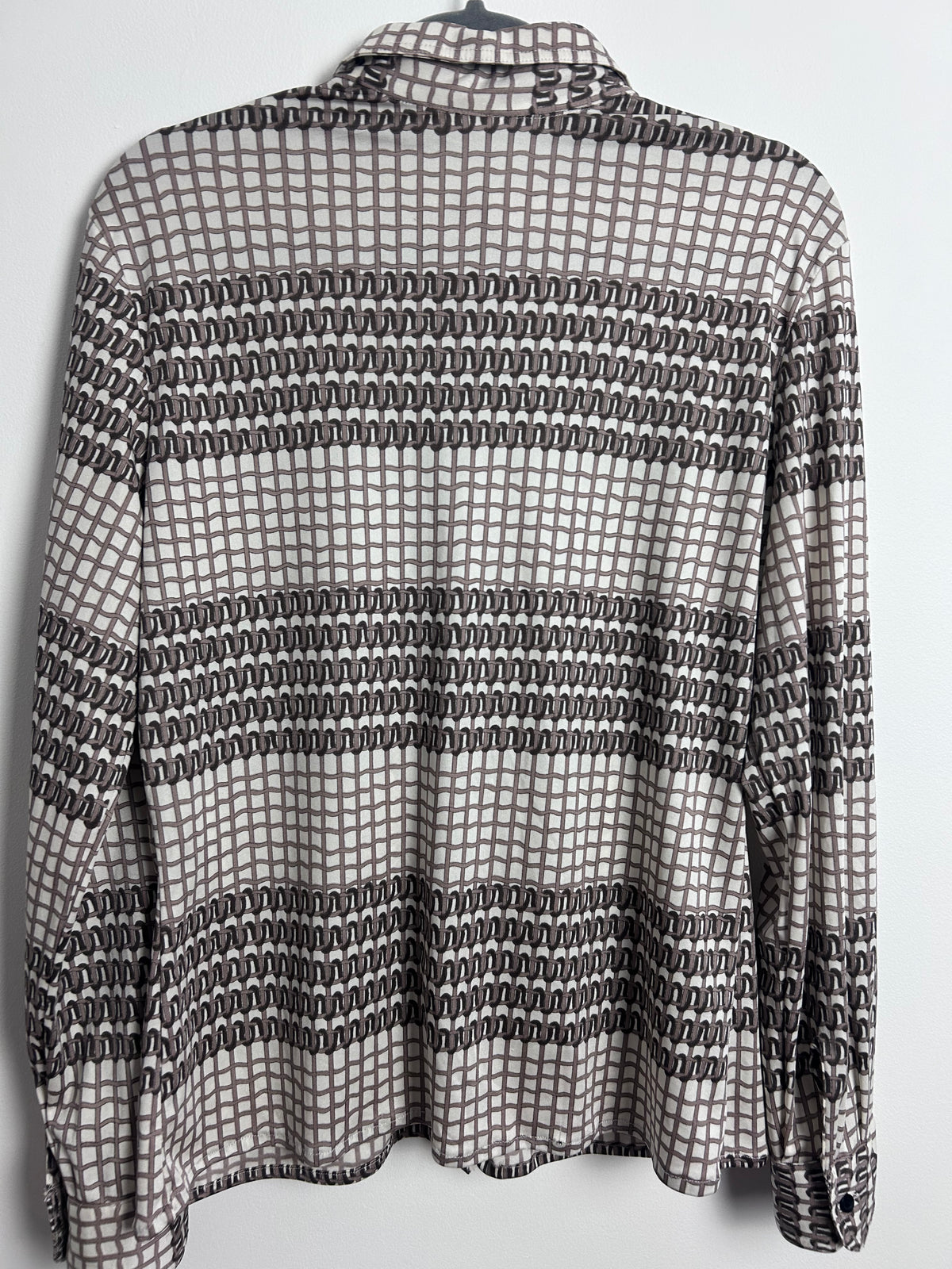 Vintage 1970s Size 12 White Mocha Brown Woven Abstract Print Long Sleeve Shirt