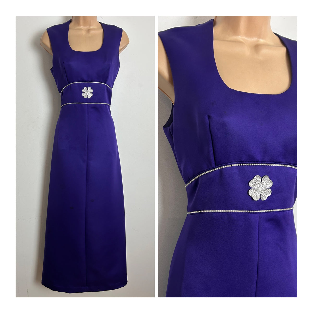 Vintage 1970s CANDA INTERNATIONAL Size 8 Purple Diamante & Flower Applique Detail Evening Occasion Maxi Dress