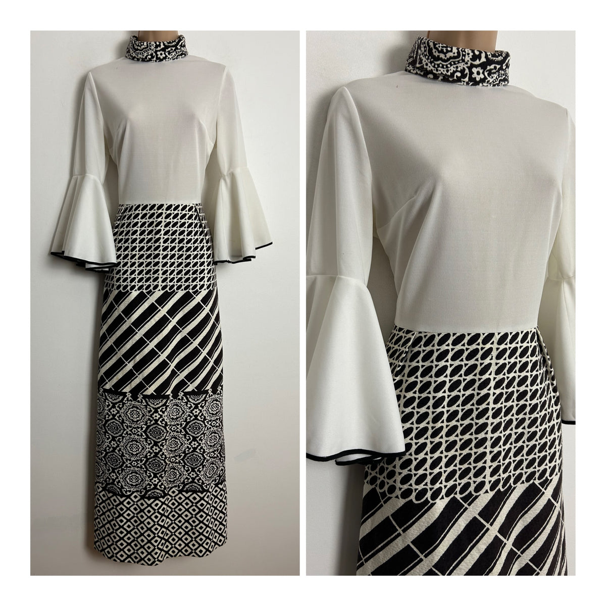 Vintage 1970s TINA WARREN UK Size 12 White & Brown Abstract Print Long Sleeve Flared Cuff Boho Maxi Dress
