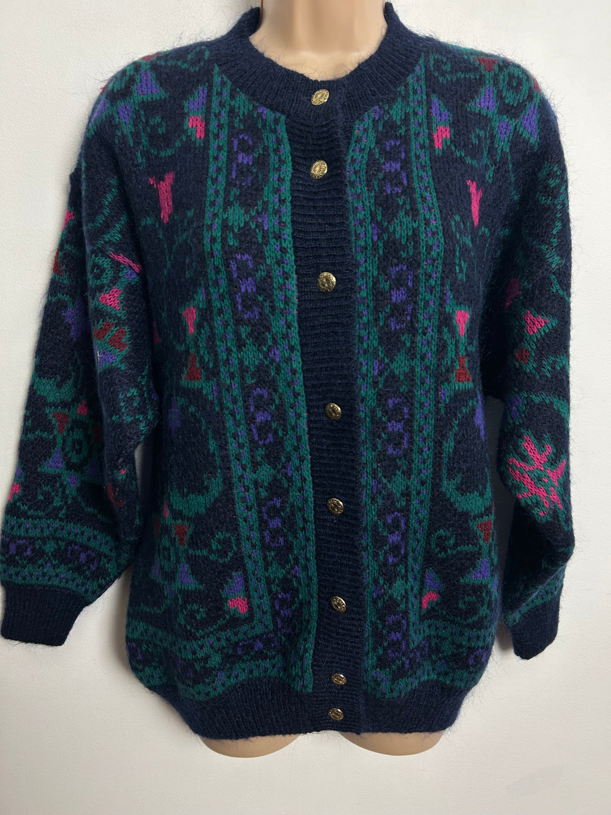 Vintage 1980s Size 14-16 Navy Blue Teal & Pink Abstract Pattern Mohair & Wool Mix Cardigan