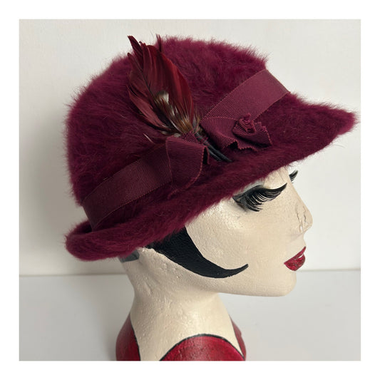 Vintage MARIE FRANCOISE, PARIS Red Wine Angora Mix Feather Detail Hat