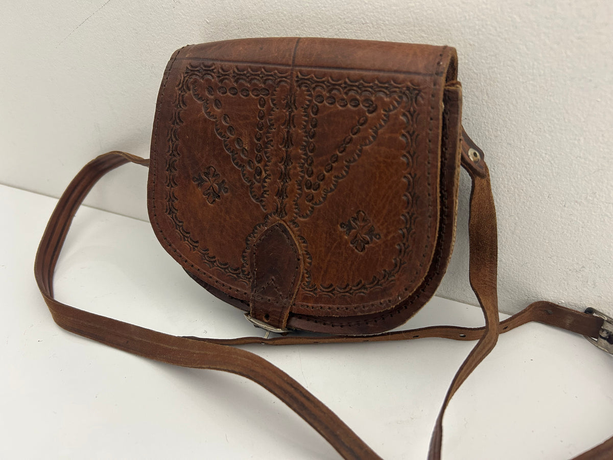 Vintage 1970s Small Brown Leather Tooled Mini Saddle Bag