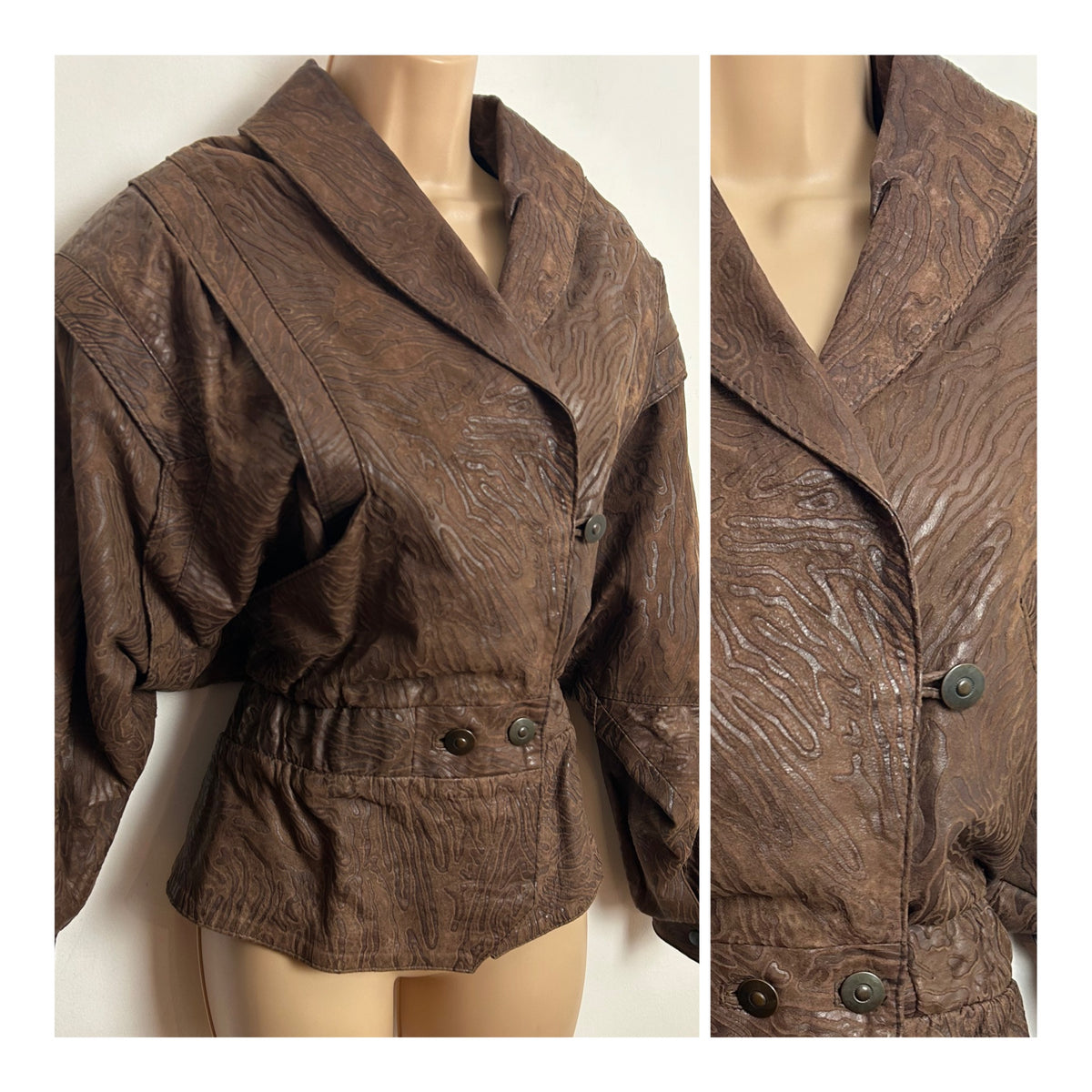 Vintage 1980s UK Size 12 Brown Leather Animal Print Fully Lined Bat Wing Jacket