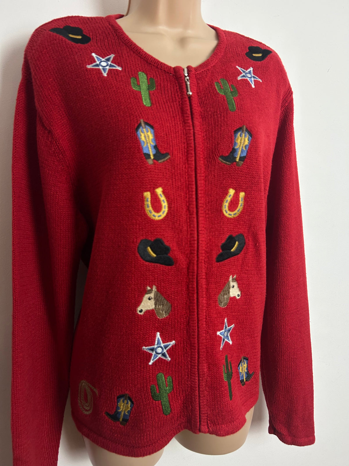 Vintage ROD'S Western Wear Size M (Up to size 14) Red Cowboy Line Dancing Applique Novelty Cardigan