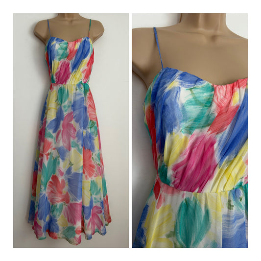 Vintage Late 1970's Size 6-8 Pretty White Pink Coral Blue Green & Lemon Abstract Floral Chiffon Summer Maxi Dress