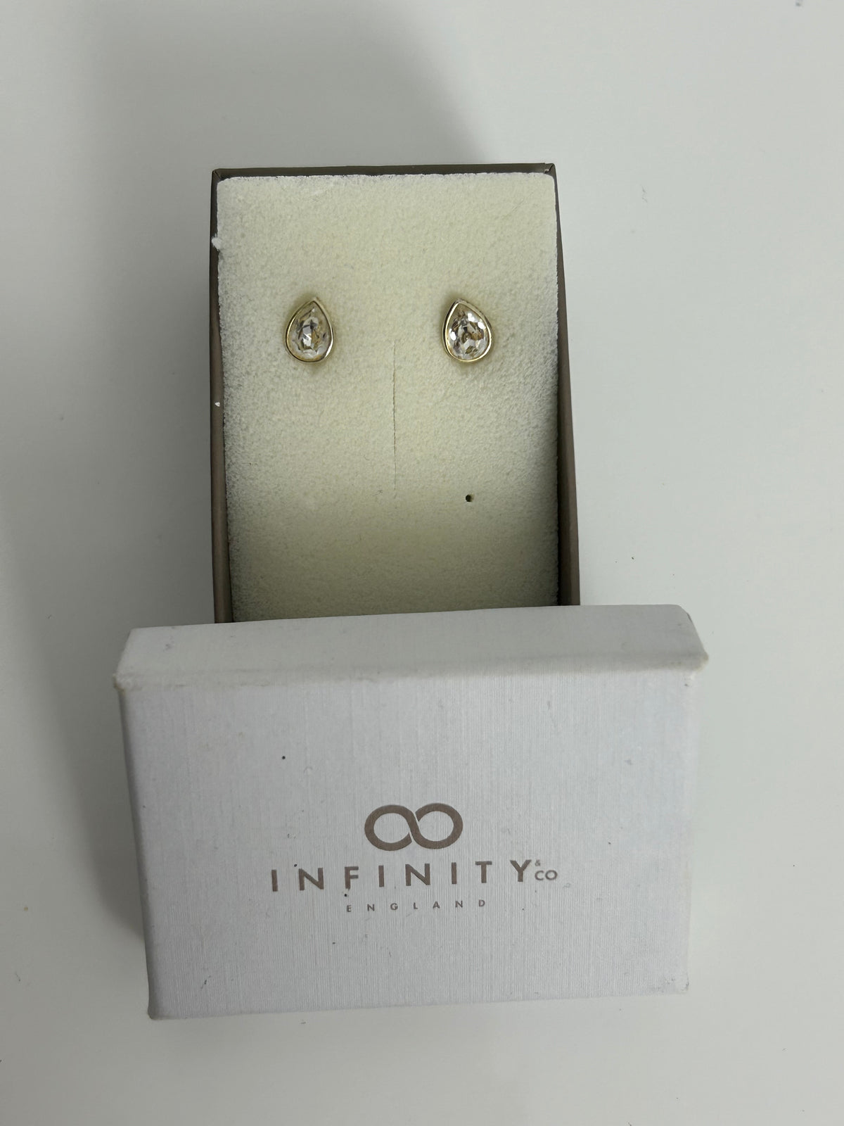 Brand New In Box Infinity & Co "Matilda" Swarovski Crystal Rhodium Plated Pear Shaped Earrings